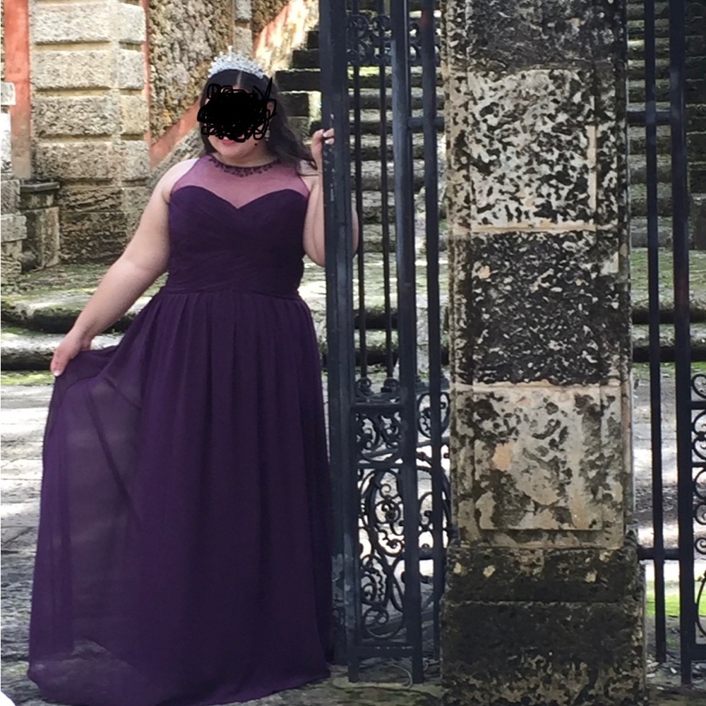 Plume floor-Length chiffon evening gown, the top is sheer and has beaded stone.